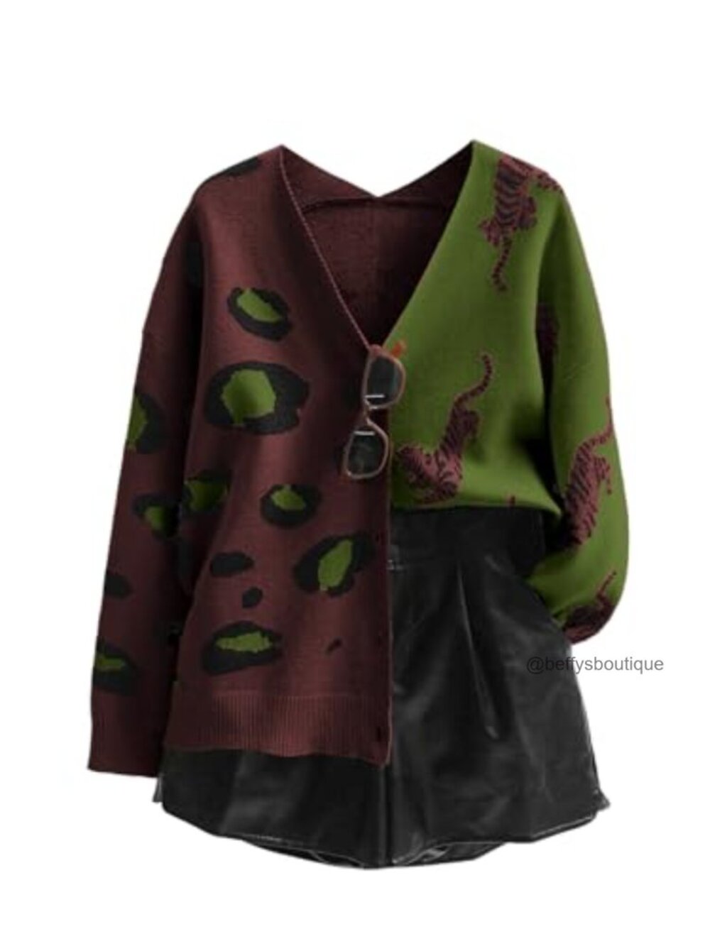 Chunky Leopard Tiger Print V-Neck Cardigan Long Sleeve Loose Fit
